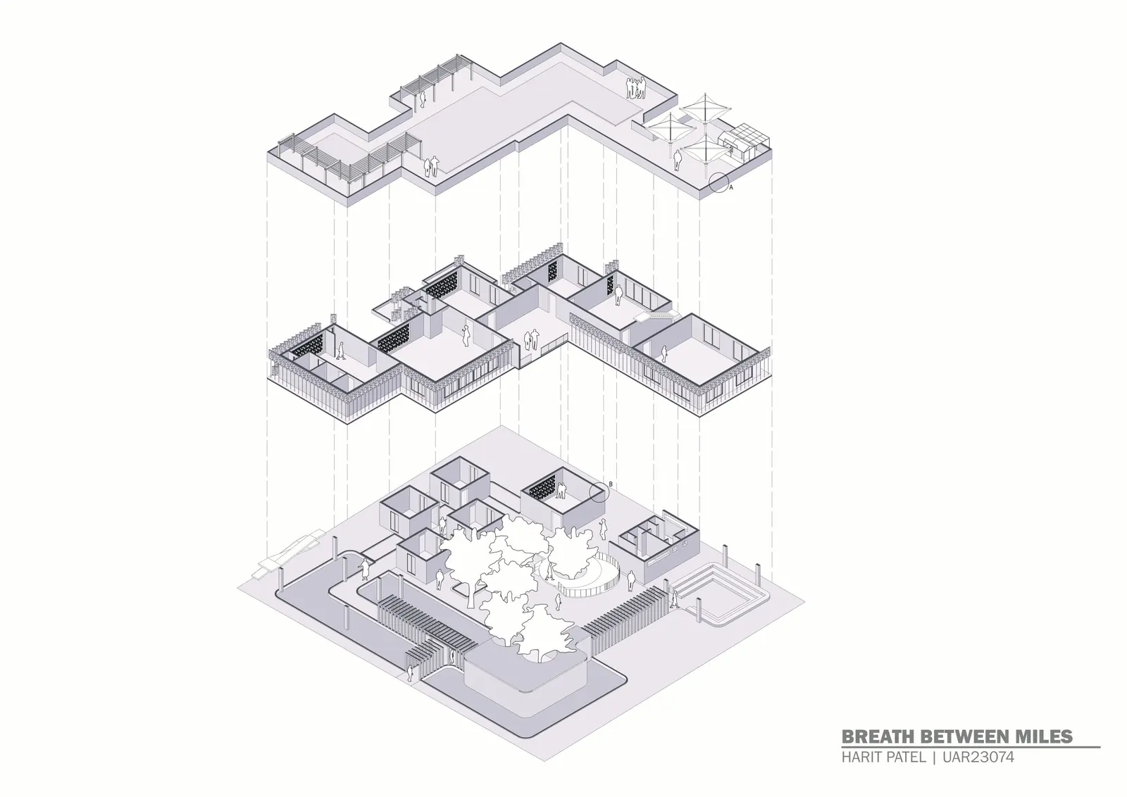 Exploded isometric of the rest stop: terrace, first floor and ground floor plates lifted apart
