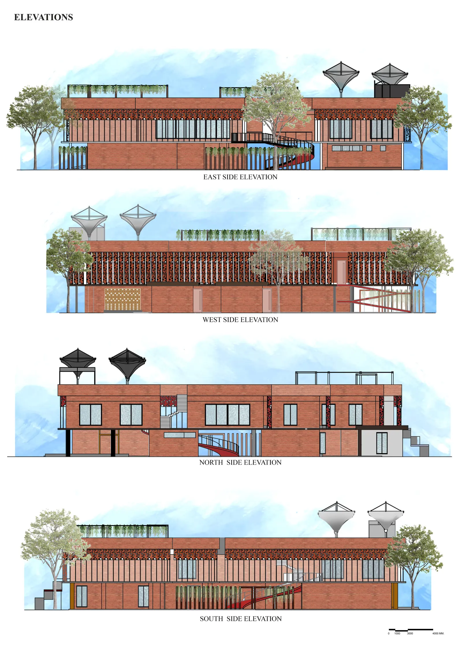 East, west, north and south elevations in red brick with planted roofs and canopies