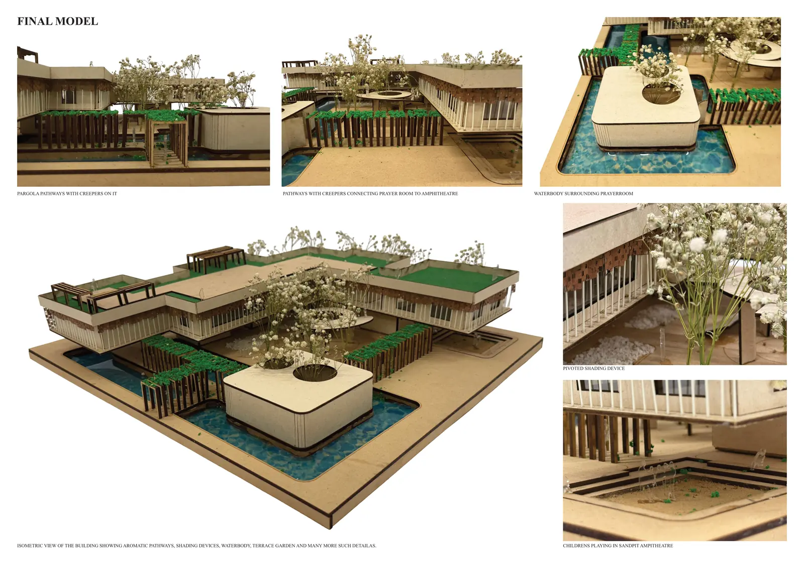 Photographs of the final model: planted roofs, water bodies, aromatic pathways and the amphitheatre