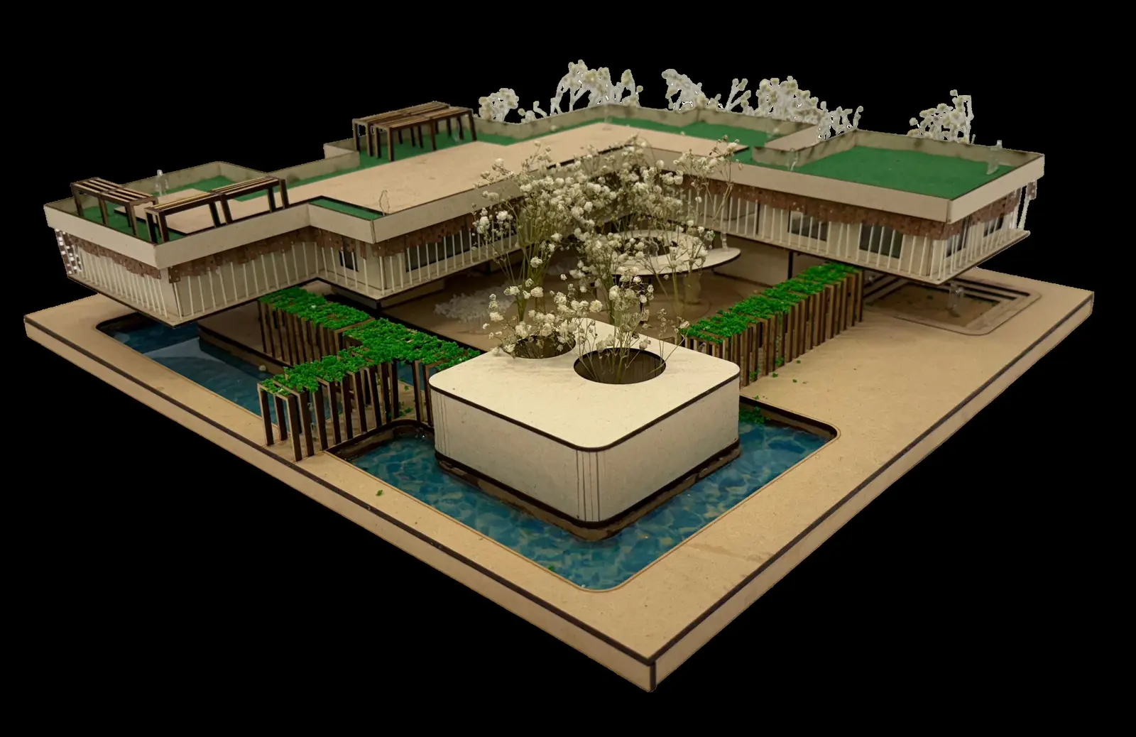 Final timber model of the rest stop with planted roofs, courtyards, pergolas and a water body