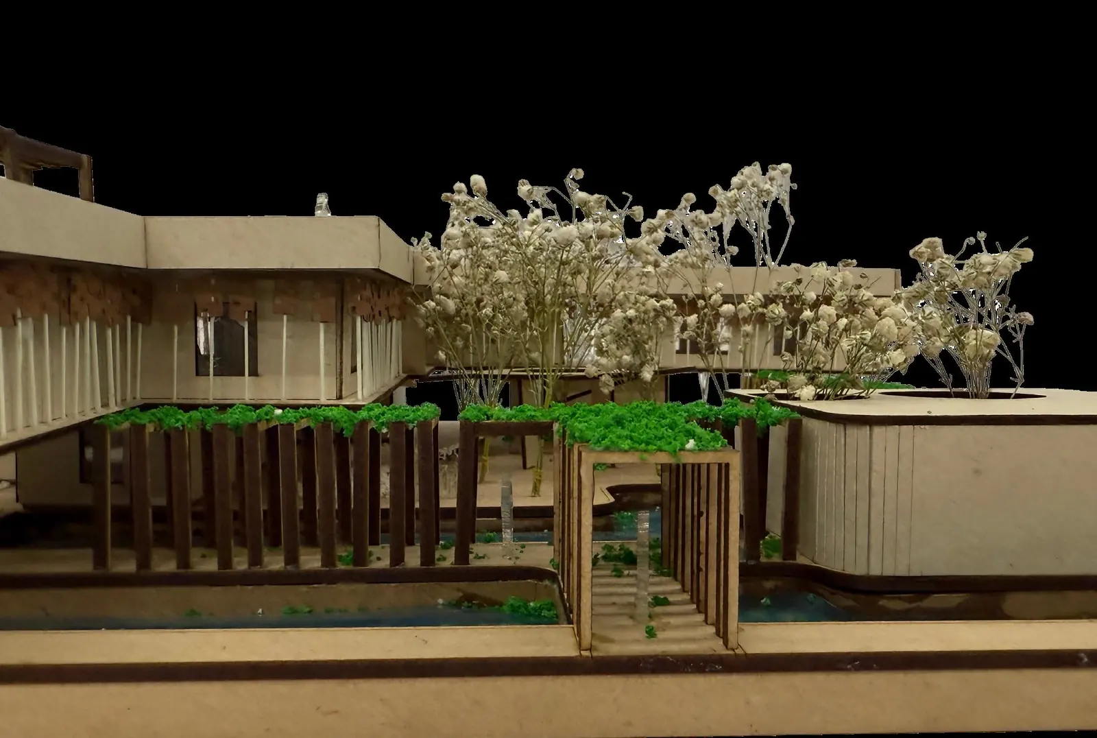 Model view of a pathway lined with creeper-covered pergolas