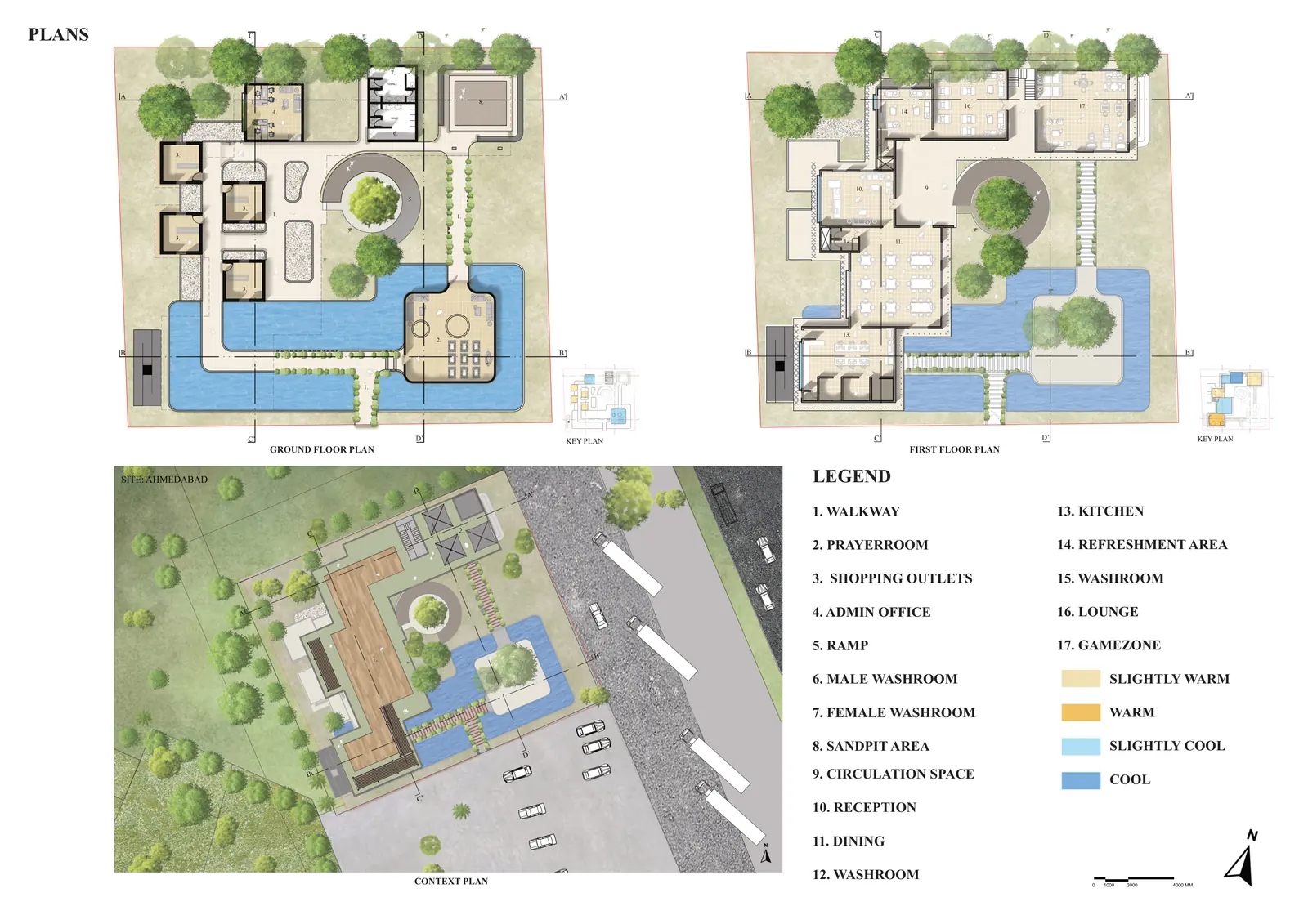 Ground and first floor plans of the rest stop coloured by thermal zone, with a context plan and legend