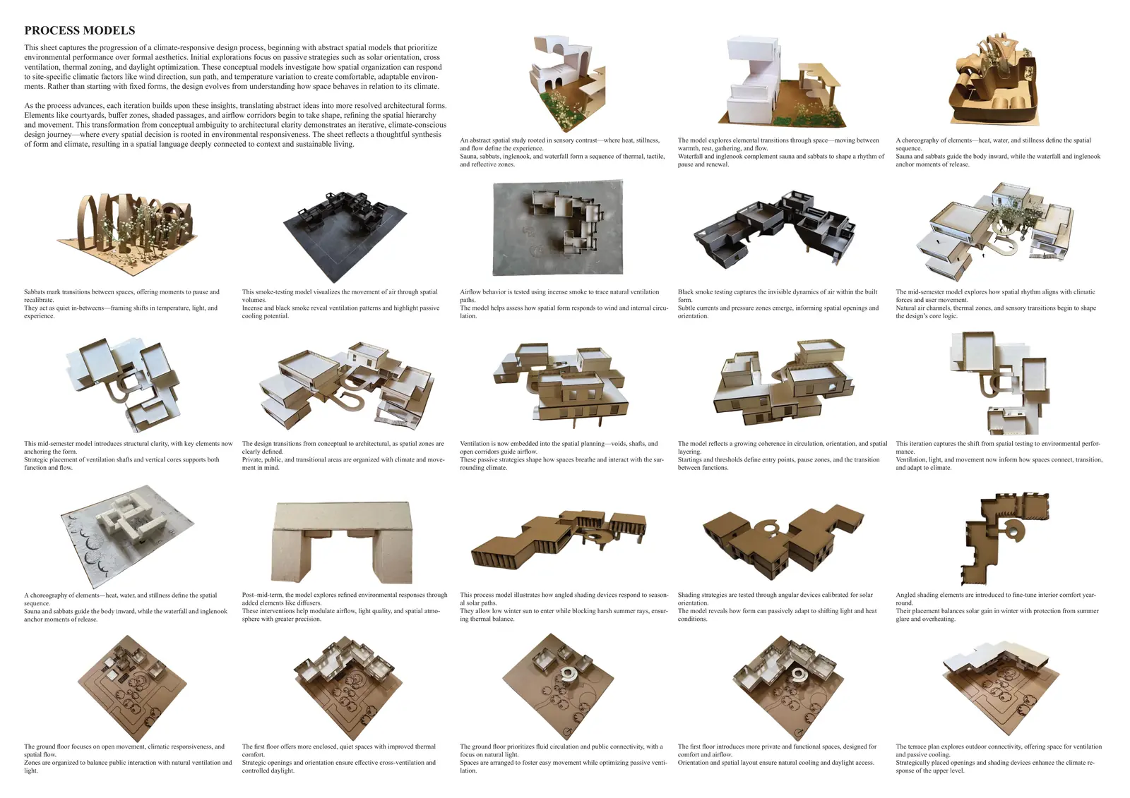 Process models sheet: abstract timber and card models testing airflow, shading and ventilation