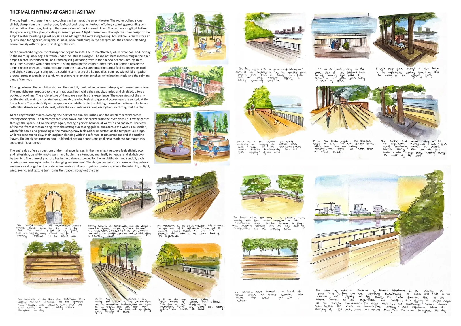 Thermal Rhythms at Gandhi Ashram: a written account with watercolour sketches of the amphitheatre, sandpit, trees and river