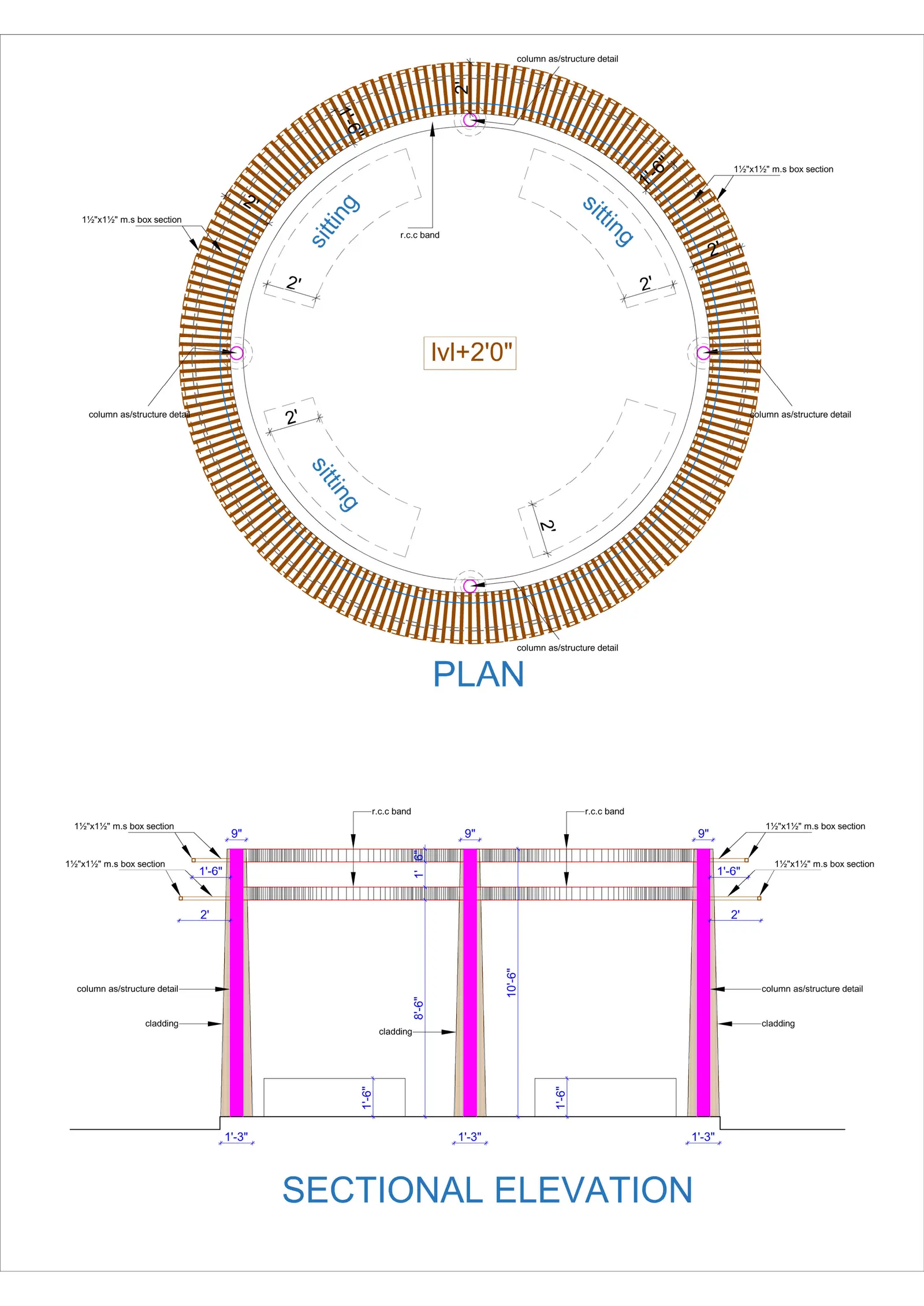 Gazebo plan with circular timber seating and its sectional elevation