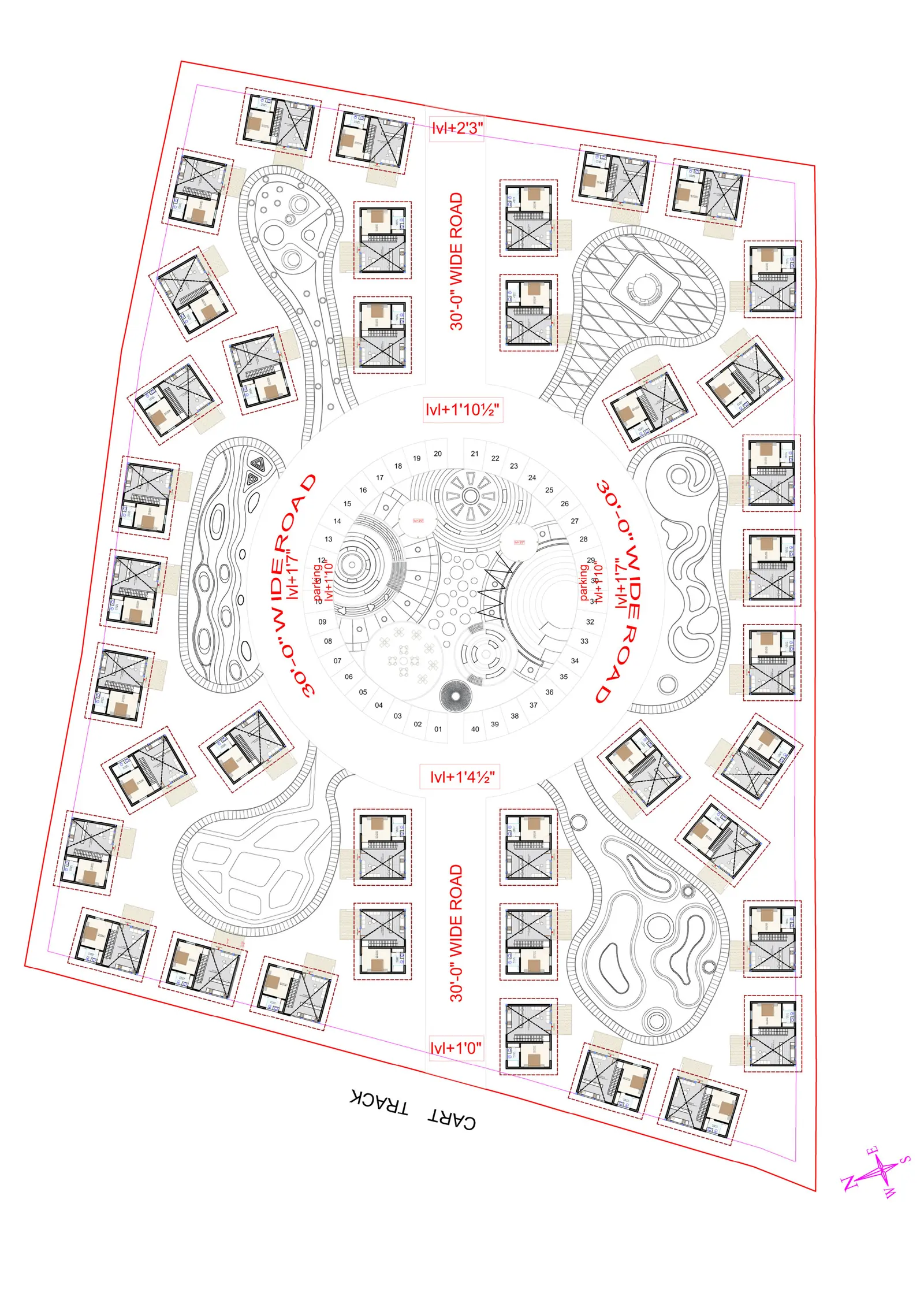 Site layout: weekend house plots around a circular central common plot with curving gardens