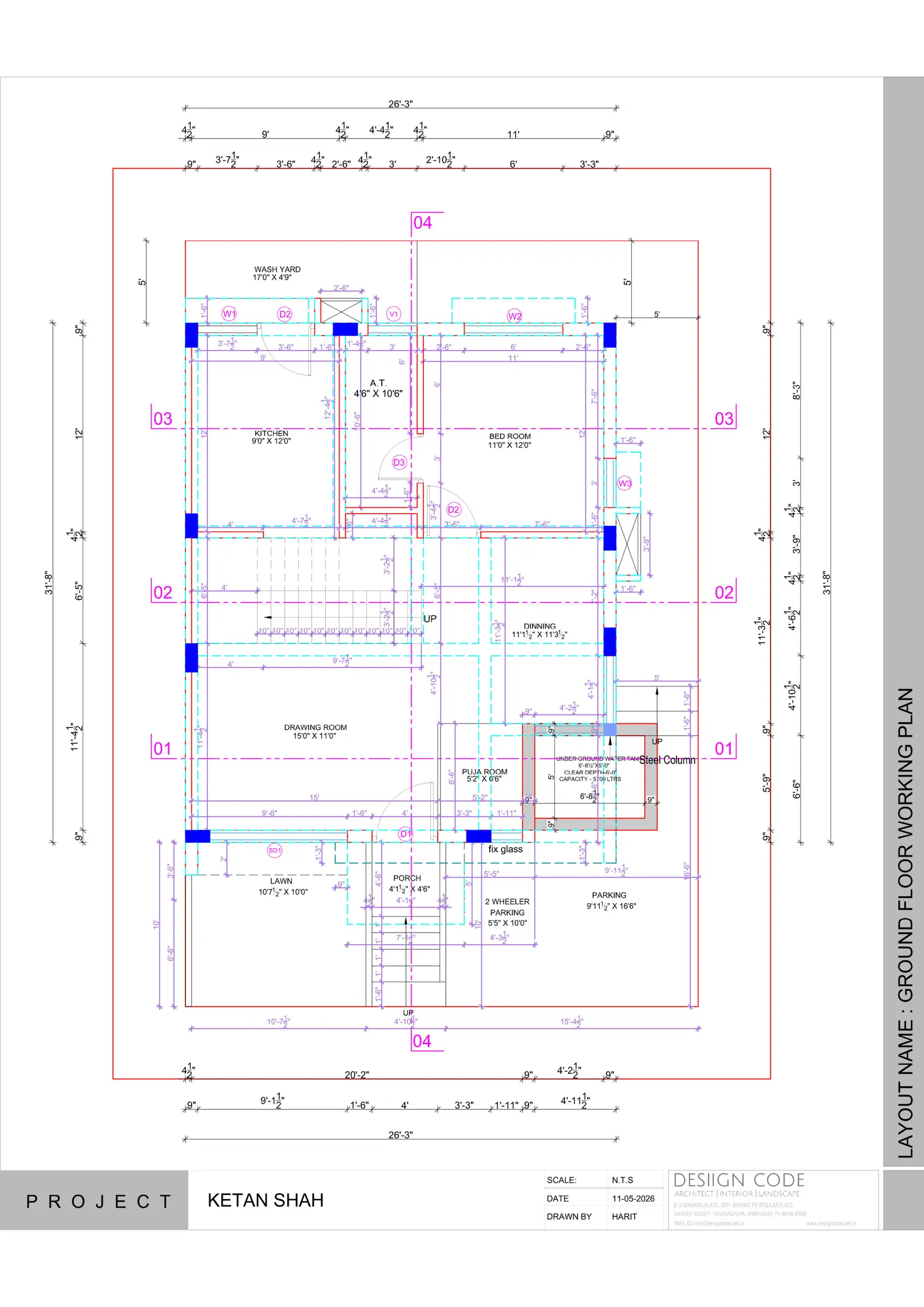 Ground floor working plan with grid lines, columns and dimensions