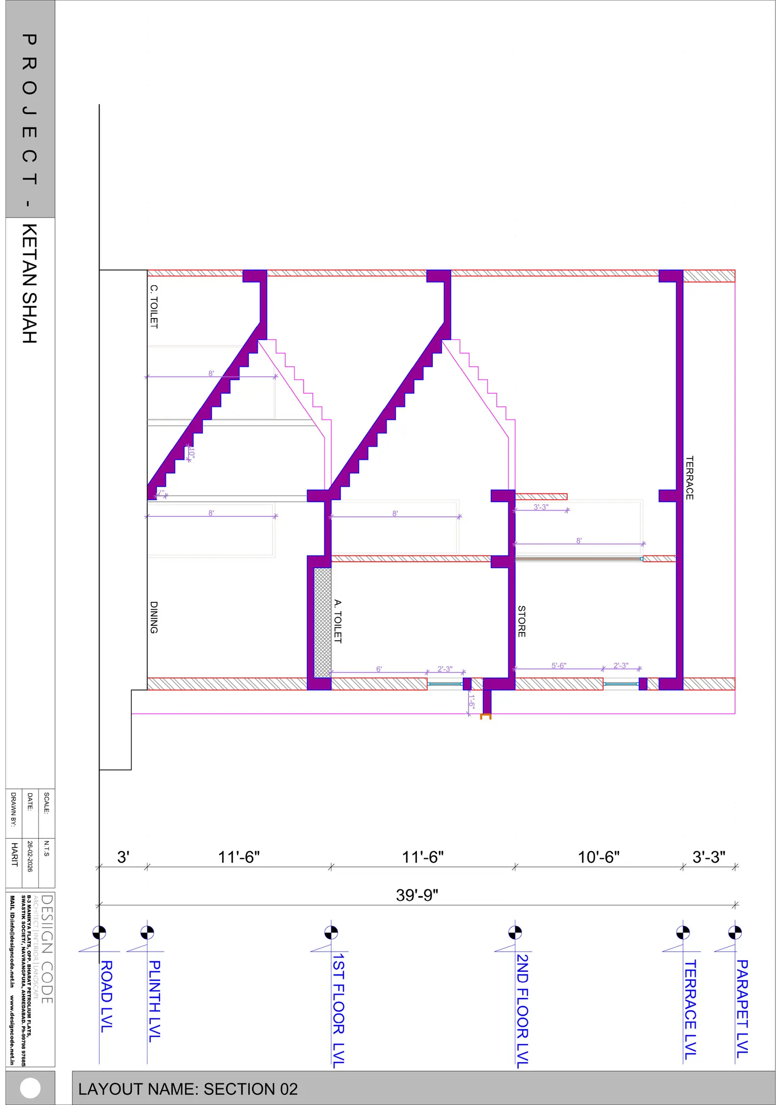 Section 02 through the stair, slabs and levels