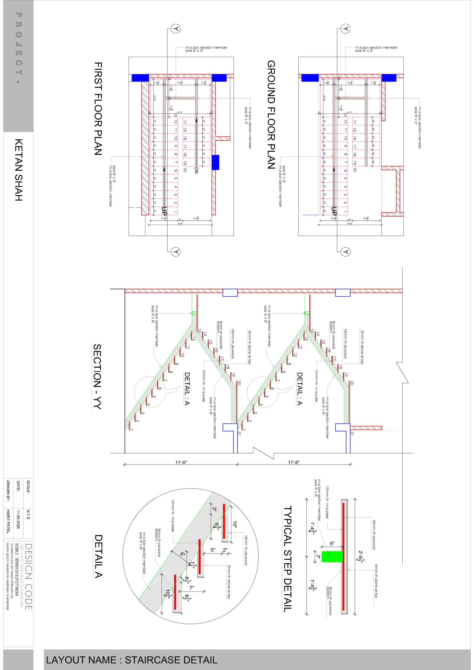 Staircase detail: stair plans, section, detail A and typical step detail