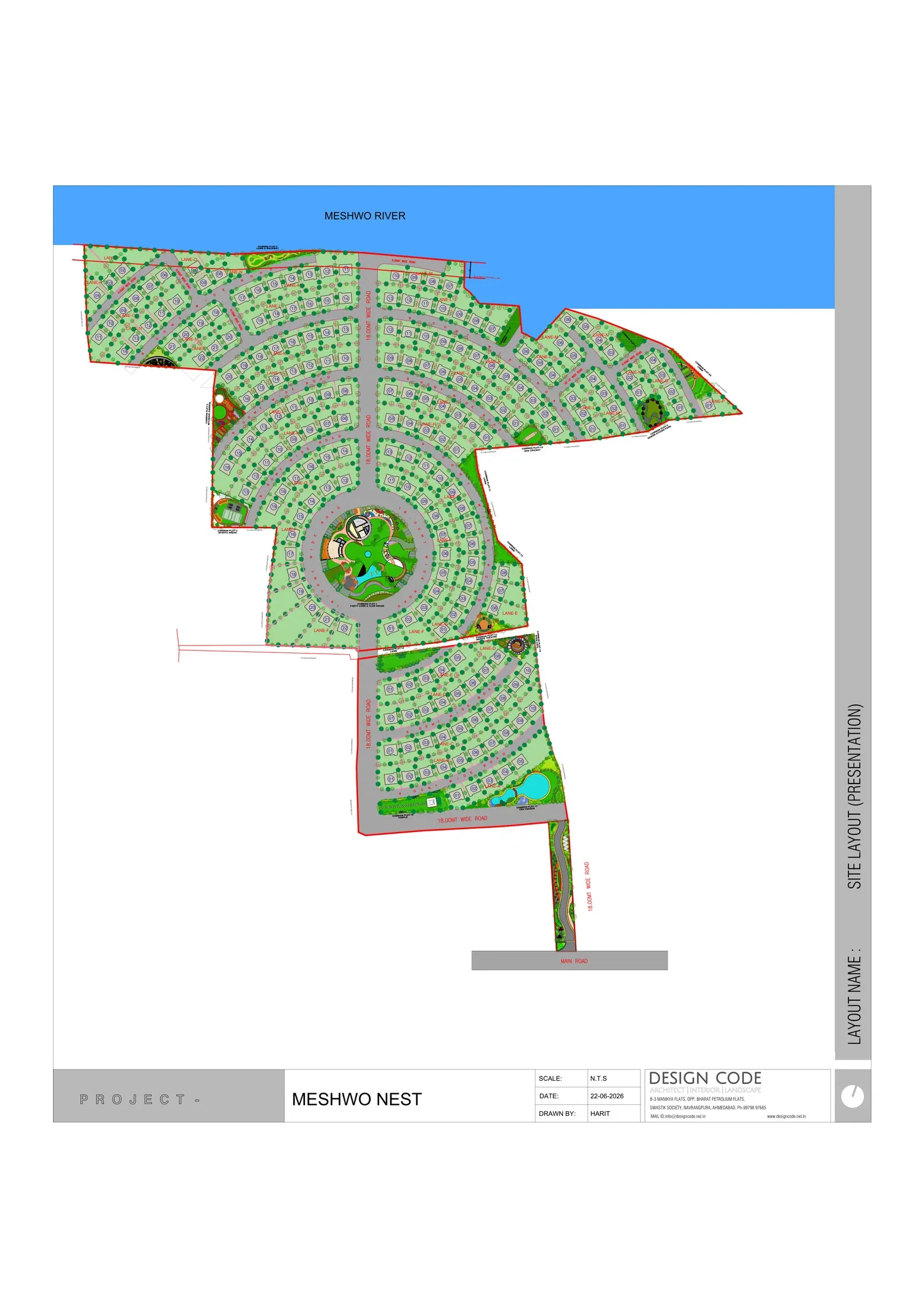 Meshwo Nest site layout: weekend houses on radiating lanes around a circular central common plot