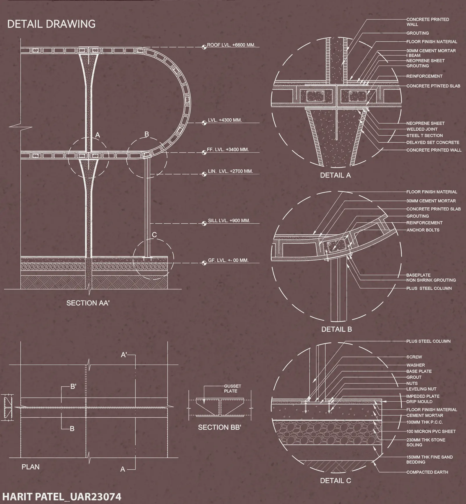 Detail drawings: Section AA' through a printed loop and steel column, with details A, B and C, plan and Section BB'