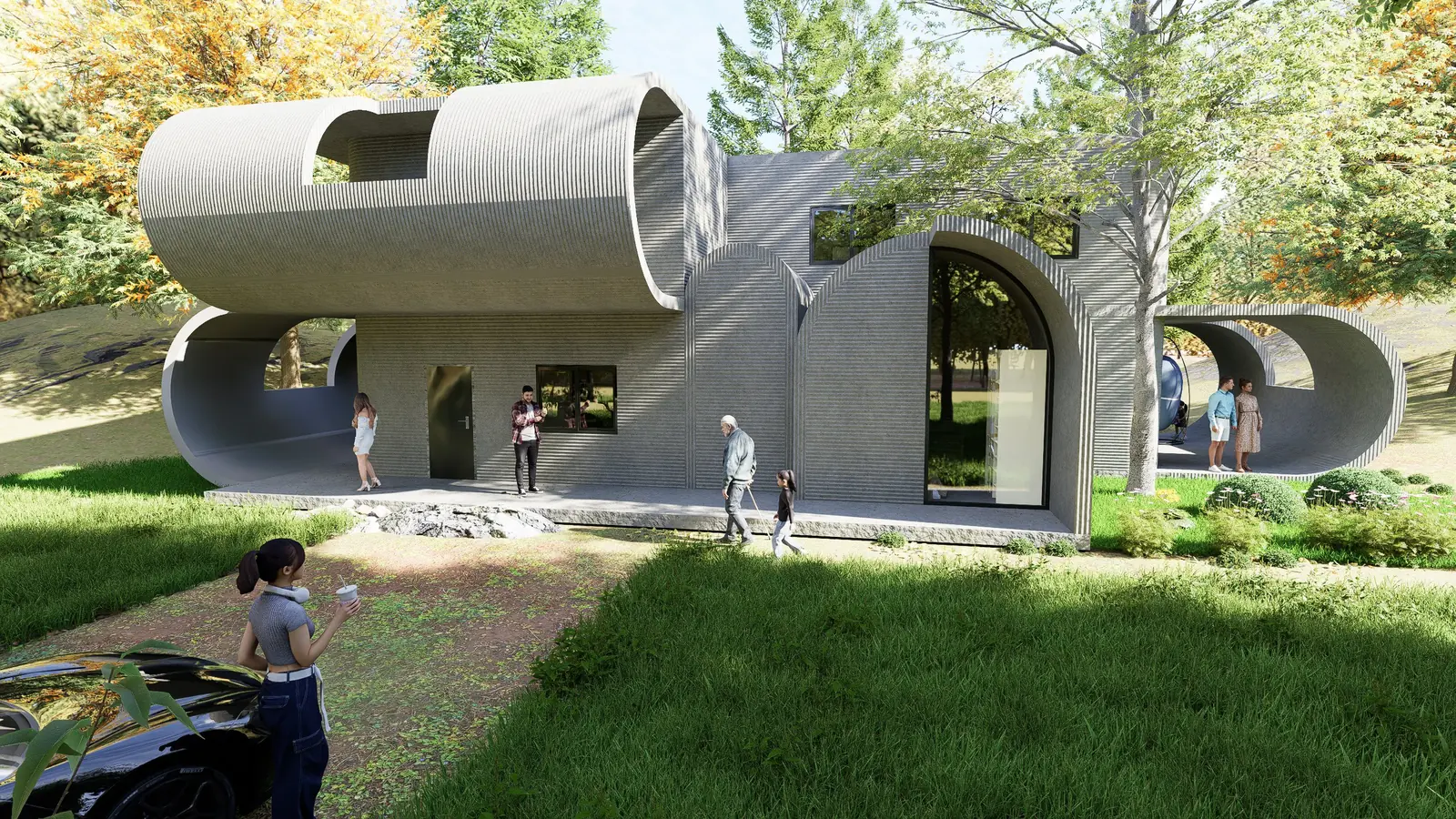 Exterior render of the MORPHO villa: curved 3D-printed concrete vaults and loops among trees, with people on the lawn