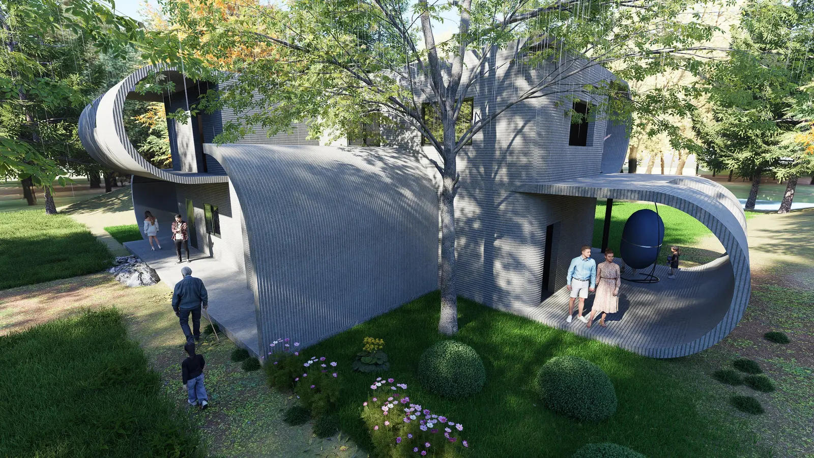 Render of the villa's printed walls looping around a courtyard tree, with people in the garden