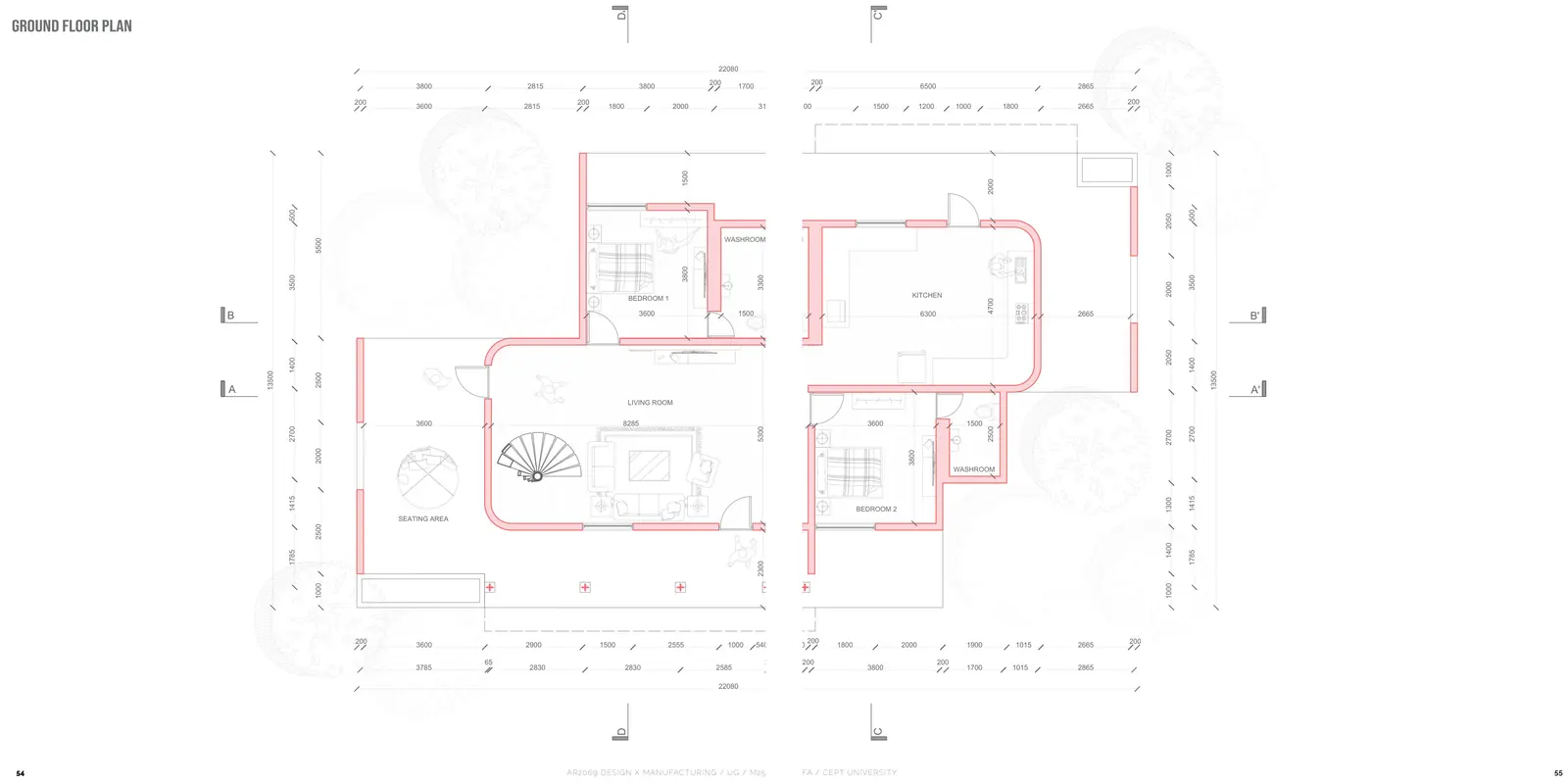 Ground floor plan with living room, seating area, two bedrooms, washroom and kitchen inside curved printed walls