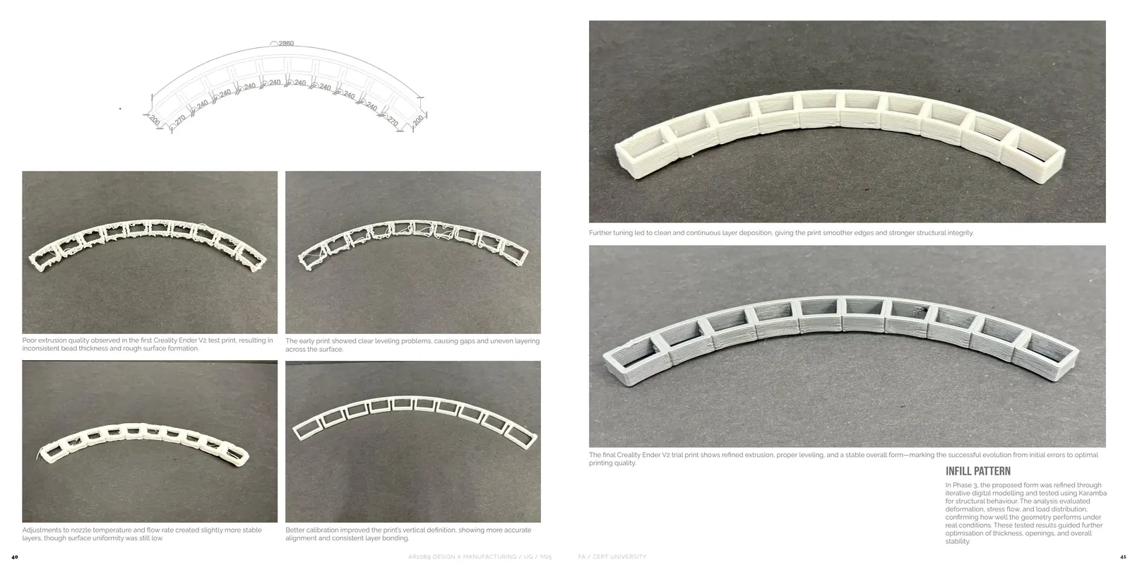 Curved infill-pattern test prints showing early extrusion problems and cleaner layers after calibration