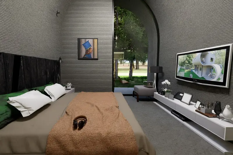 Interior render of a bedroom with printed concrete walls and an arched window to the garden