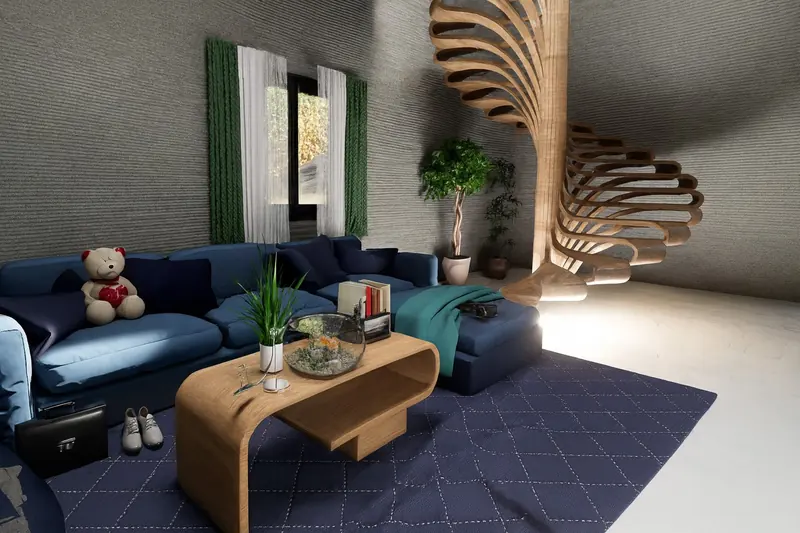 Interior render of the living room with printed concrete walls, blue sofas and a sculptural timber spiral stair