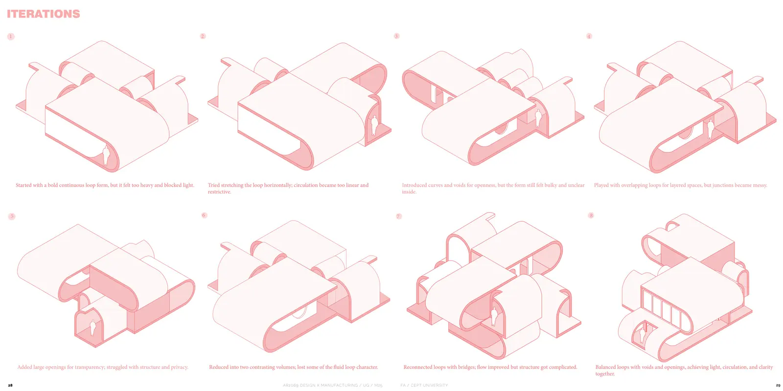 Eight pink isometric massing iterations of looped arch volumes with notes on light, circulation and junctions