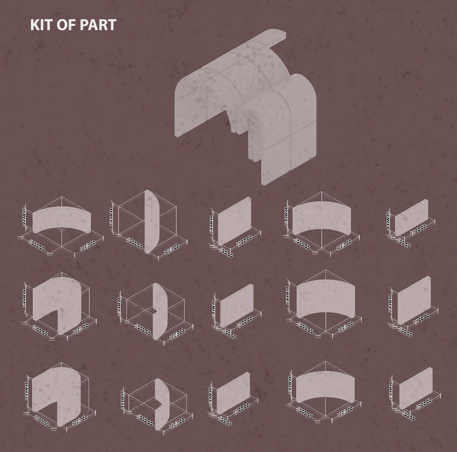 Kit of parts: a vaulted module and the curved and flat printed wall pieces it is made from