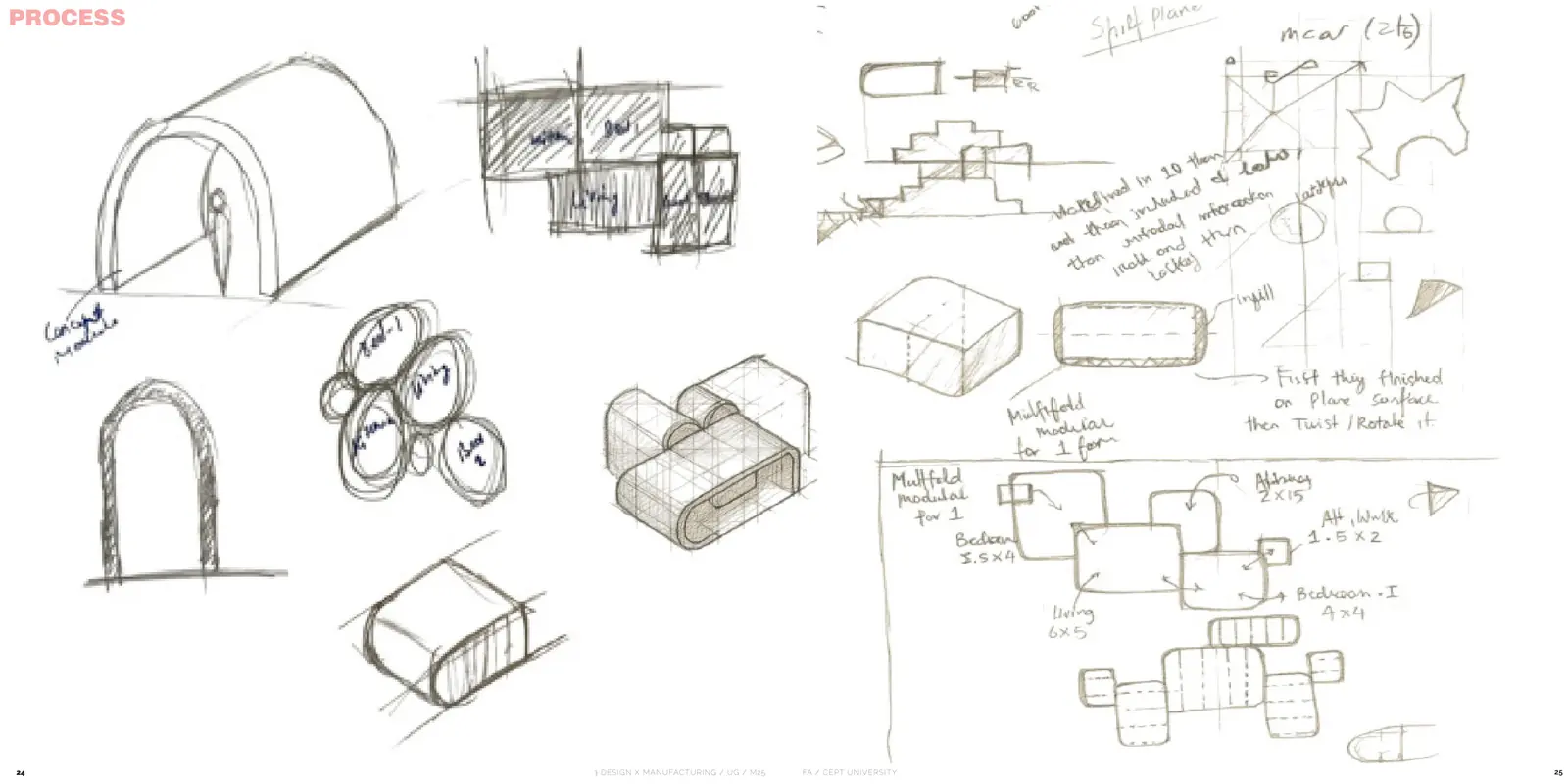 Pencil sketches of arch modules, tube volumes and modular room arrangements