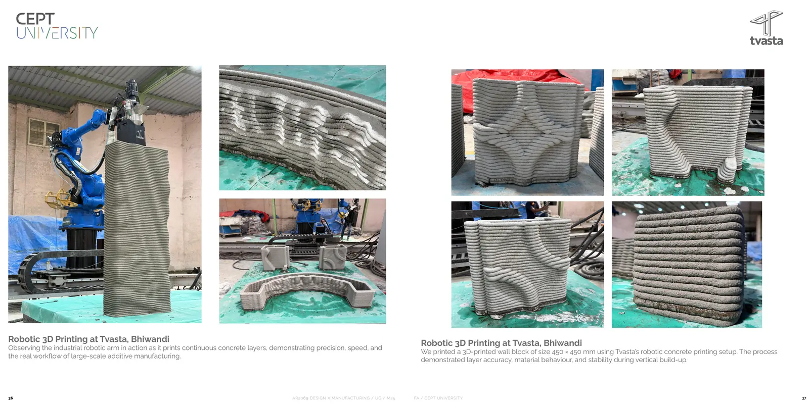 Industrial robotic arm printing concrete layers at Tvasta, Bhiwandi, and close-ups of the printed wall blocks