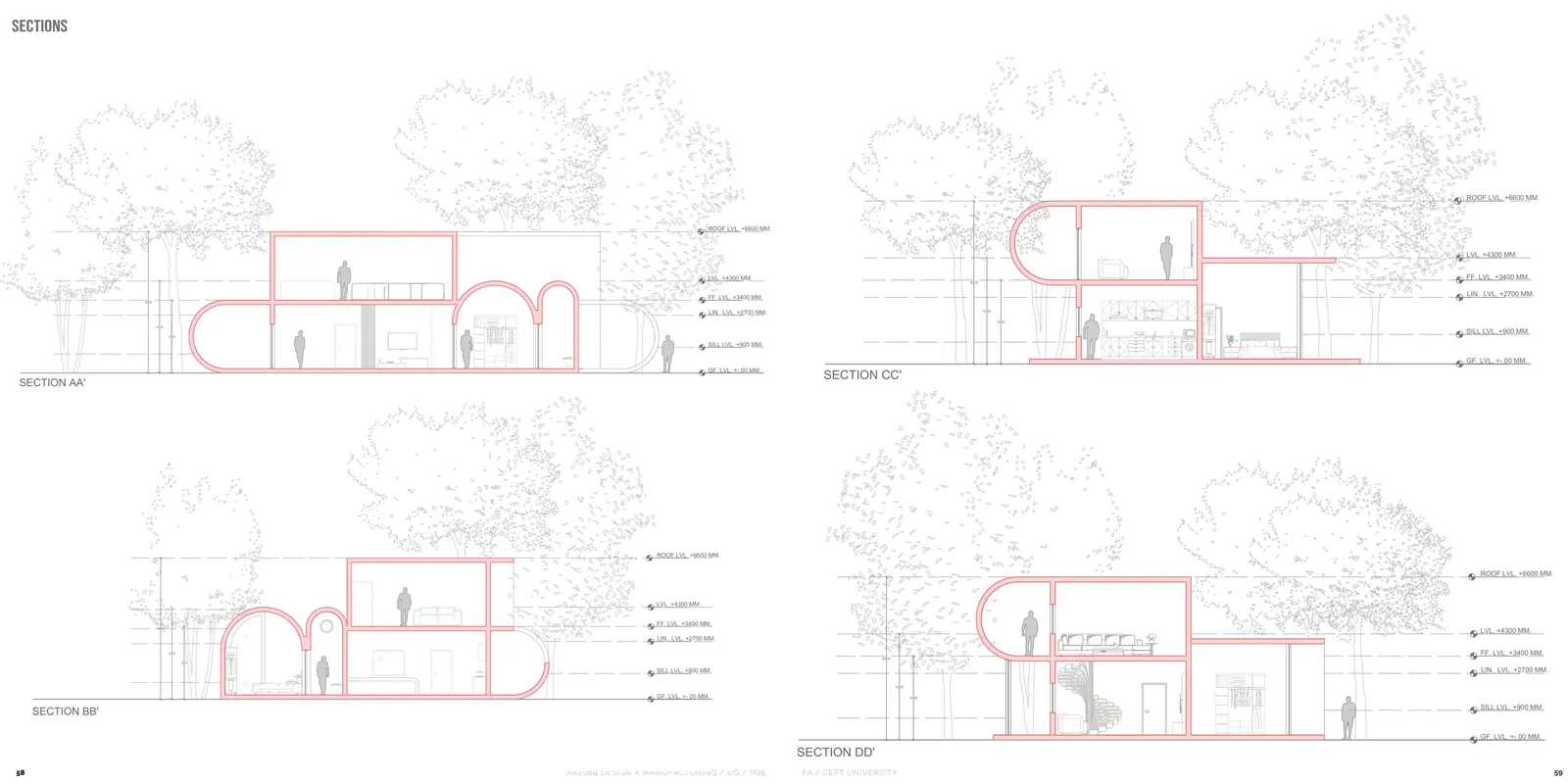 Sections AA' to DD' through the MORPHO villa: vaulted loops, two floors and levels