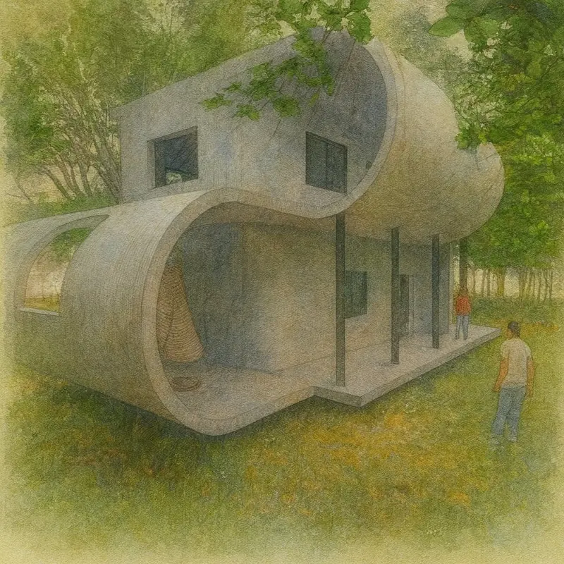 Watercolour of the MORPHO villa among trees with a person walking past