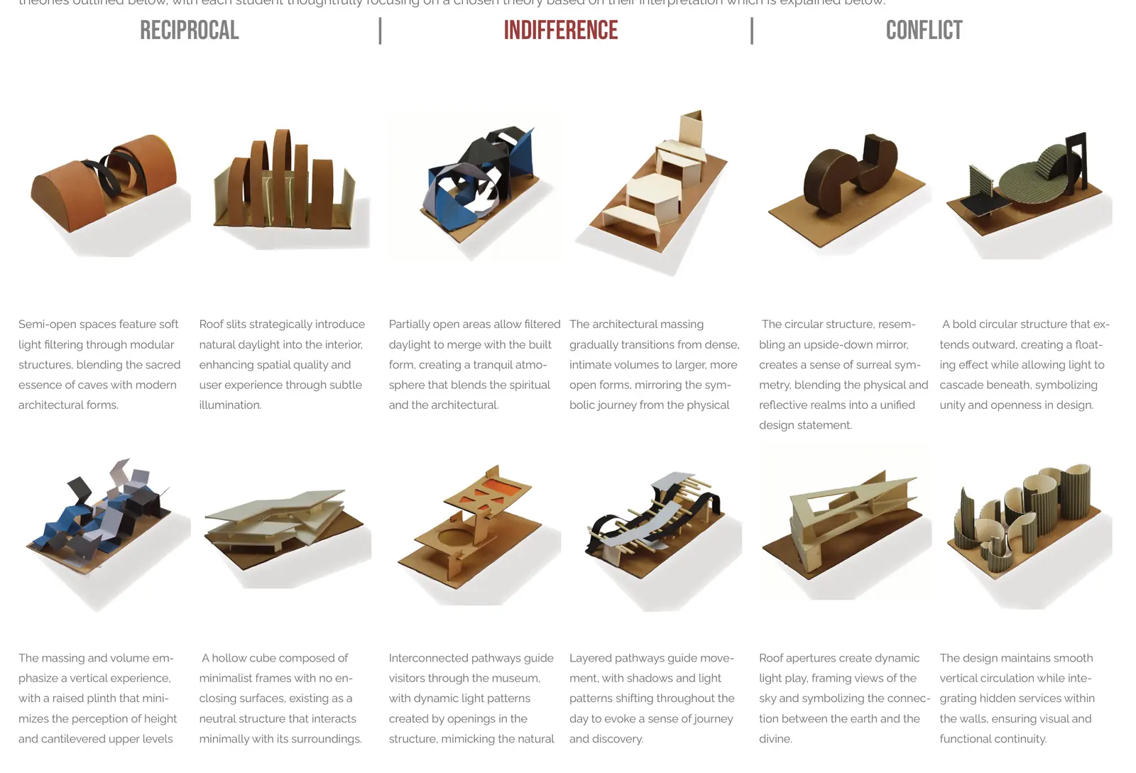 Twelve small conceptual models in card, timber and paint grouped under reciprocal, indifference and conflict