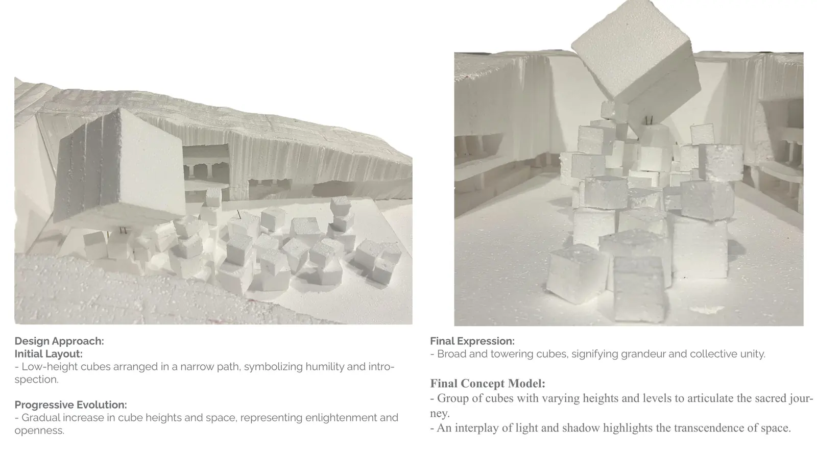 White foam models: low cubes in a narrow path, and broad towering cubes stacked into a vertical composition