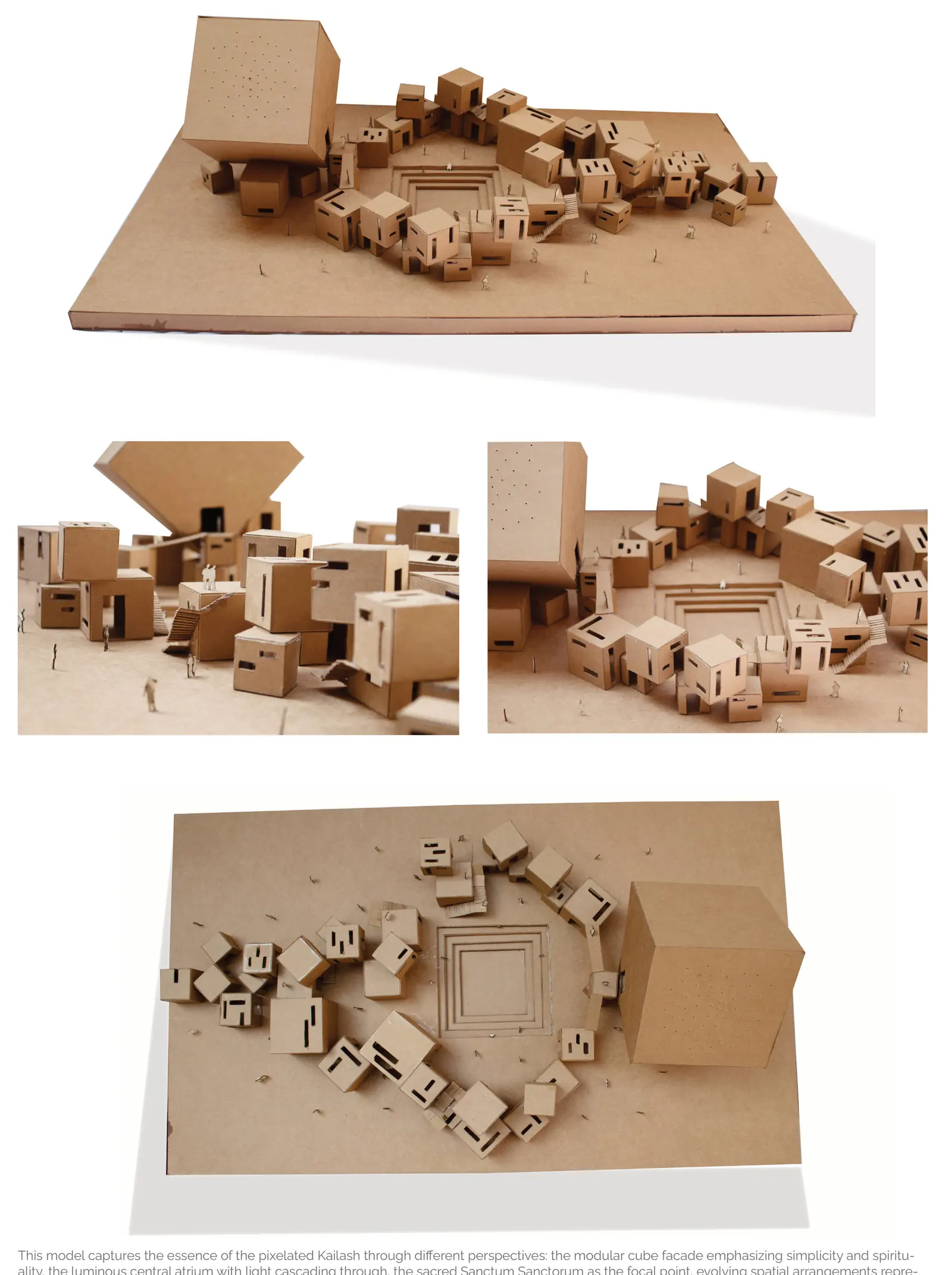 Final cardboard concept models photographed from three angles