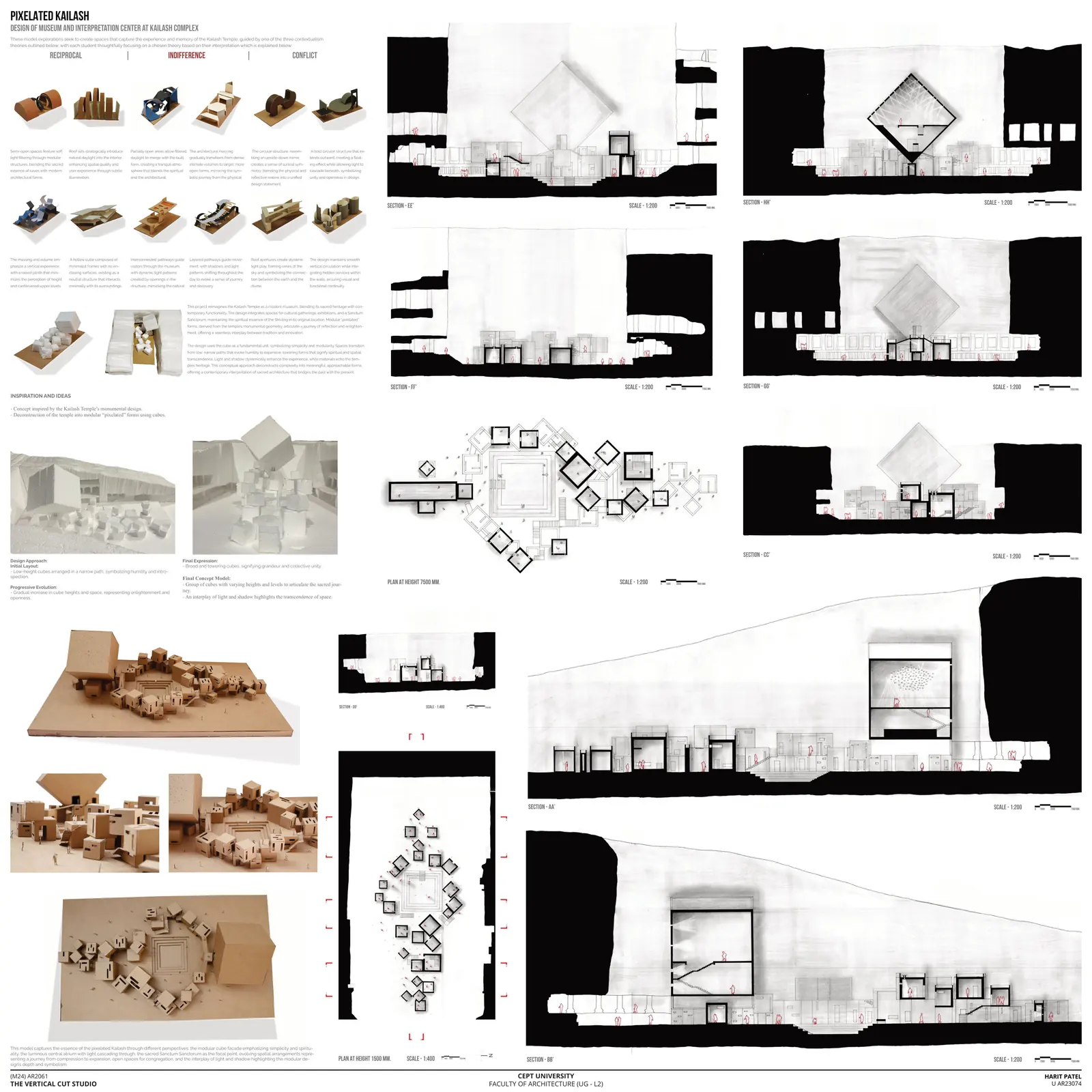 Full Pixelated Kailash presentation panel with models, plans and sections