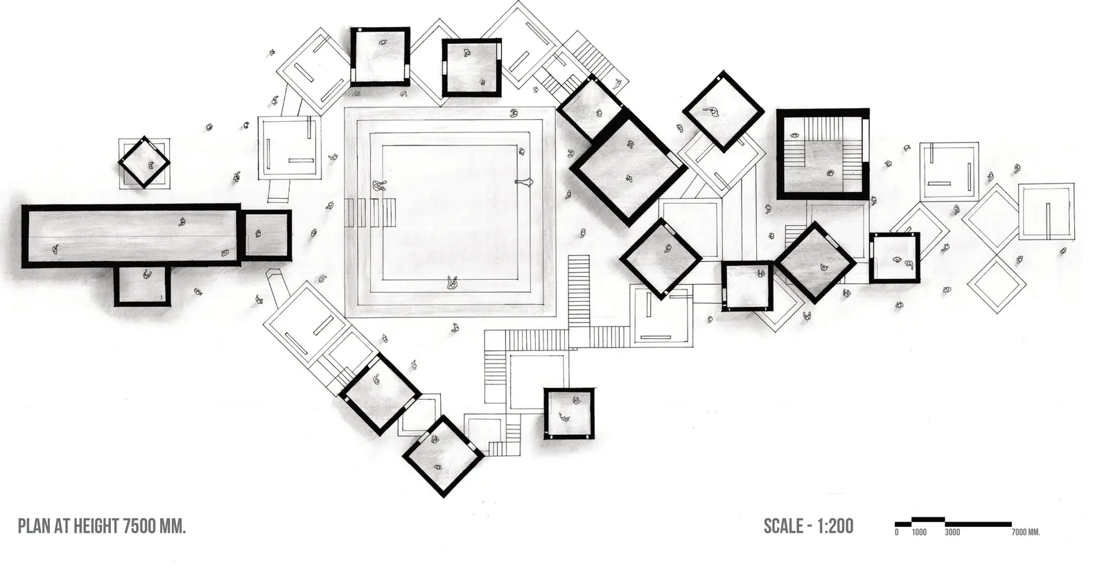 Plan at height 7500 mm: a large central square court surrounded by rotated cubic rooms