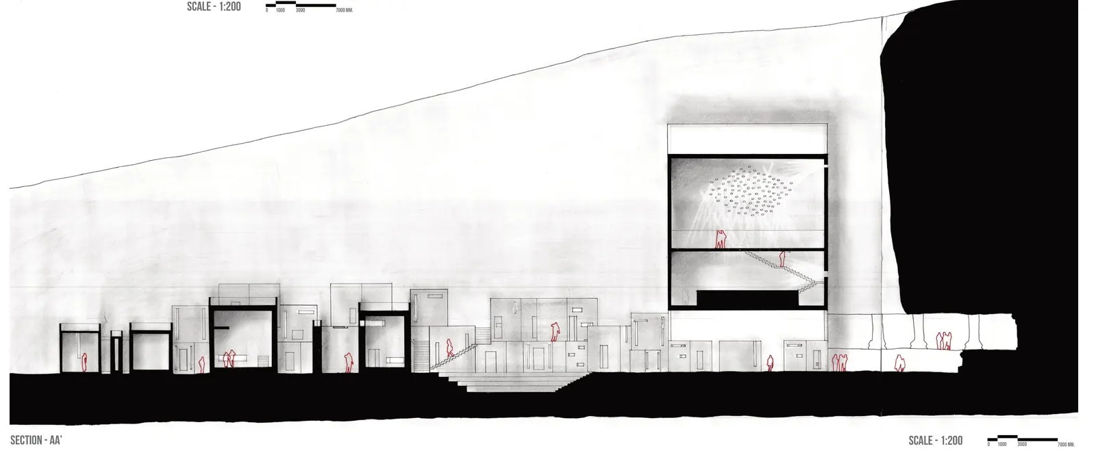 Section AA' at 1:200: small cubic rooms rising to a tall double-height hall cut into the rock