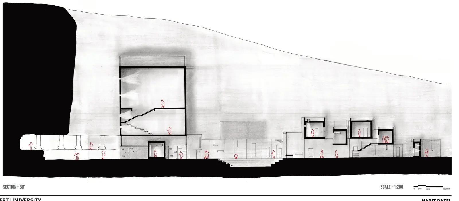 Section BB' at 1:200: a tall hall with a stair against black rock mass, then small cubic rooms