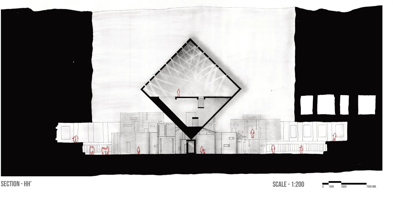 Section HH' at 1:200: a large diamond-shaped cube rising above a band of small cubic rooms between black rock-cut masses