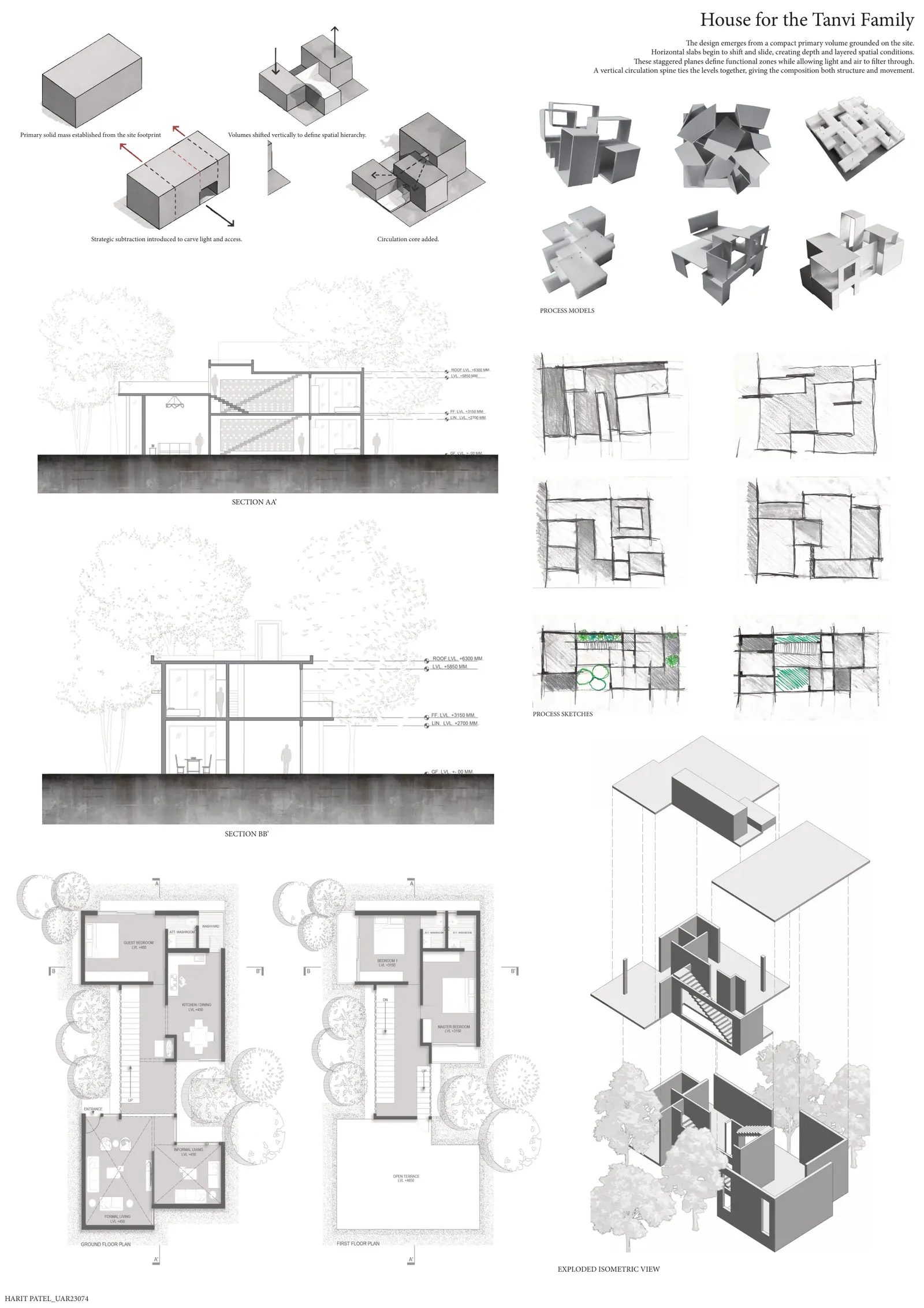 House for the Tanvi Family panel: massing steps, process models, sections, plans and an exploded isometric