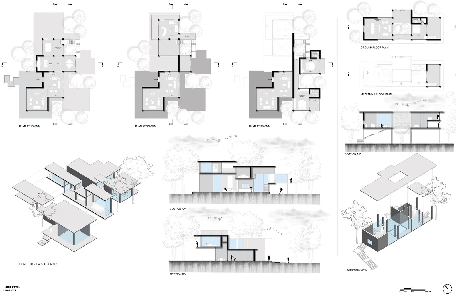 Unit drawings for Porous Horizons: plans at three levels, sections AA' and BB', and isometric views