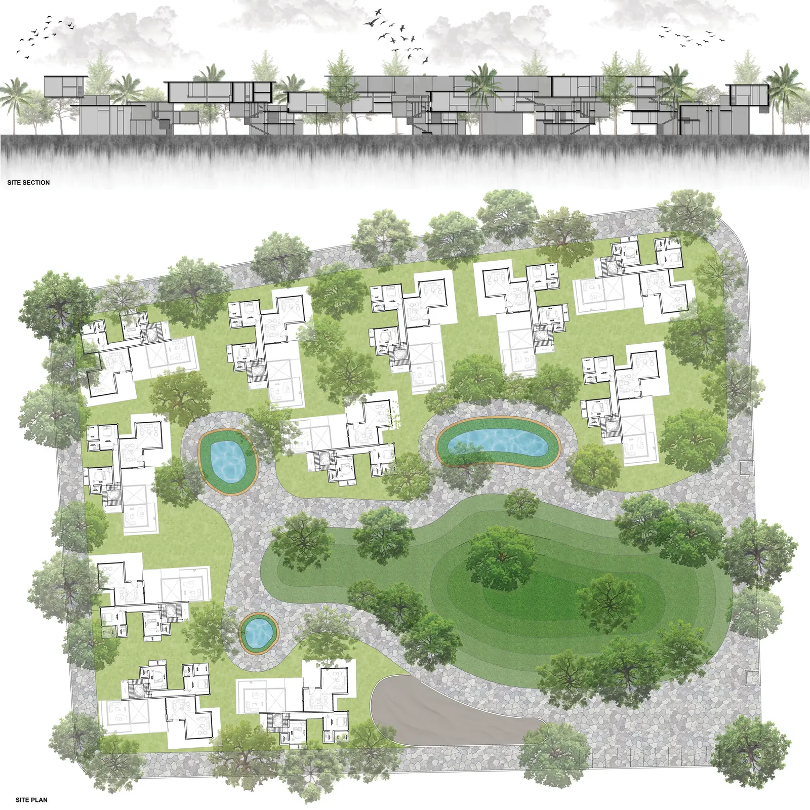 Site section and site plan: staggered housing units among trees around three ponds and a contoured green