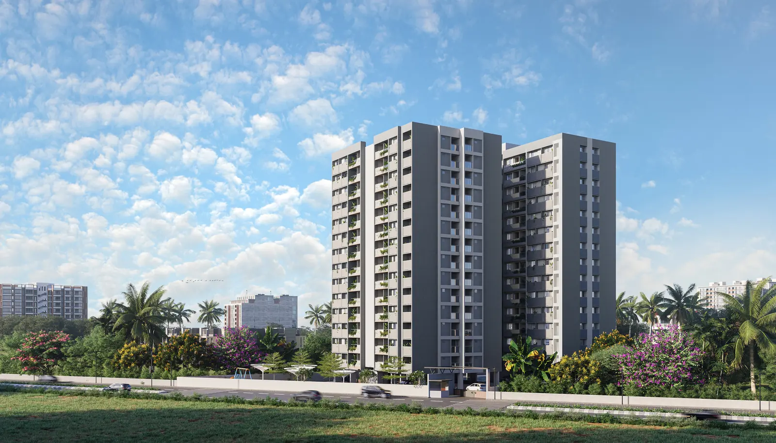 Render of Ashadeep Apartment: two white residential towers beside a tree-lined road