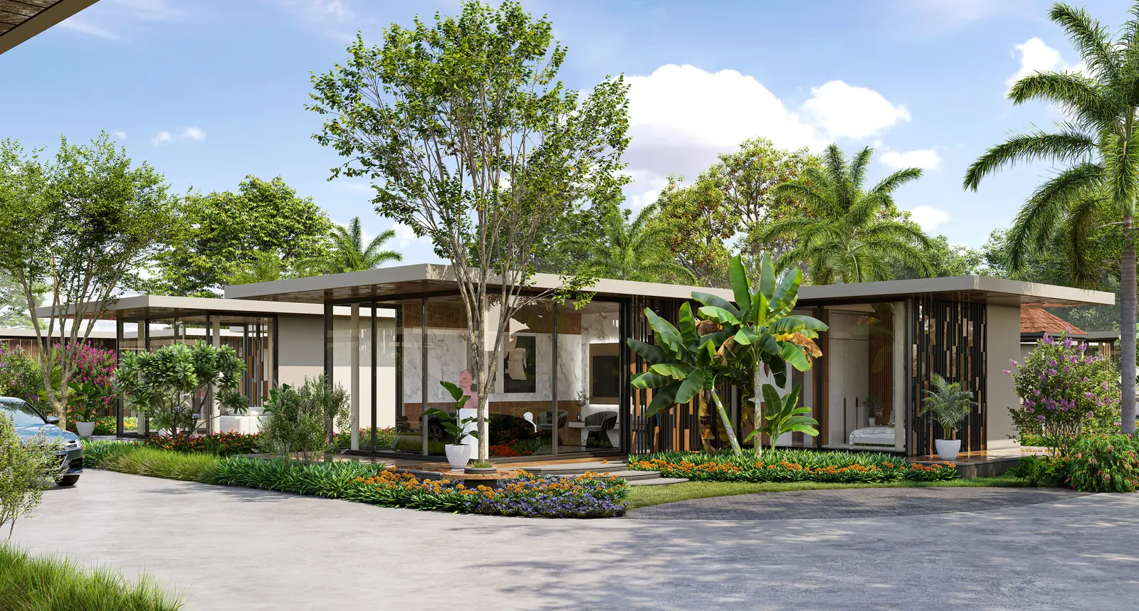 Render of Bagan Tree Weekend Villa: a low pavilion with a wide overhanging roof among palms