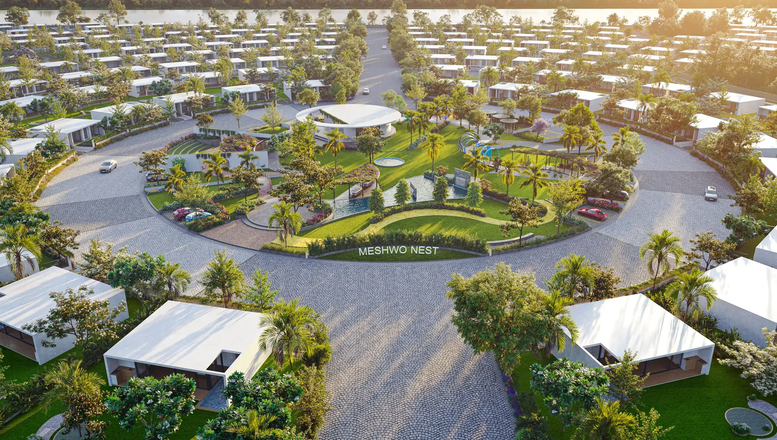 Aerial render of Meshwo Nest weekend homes around a circular landscaped plot