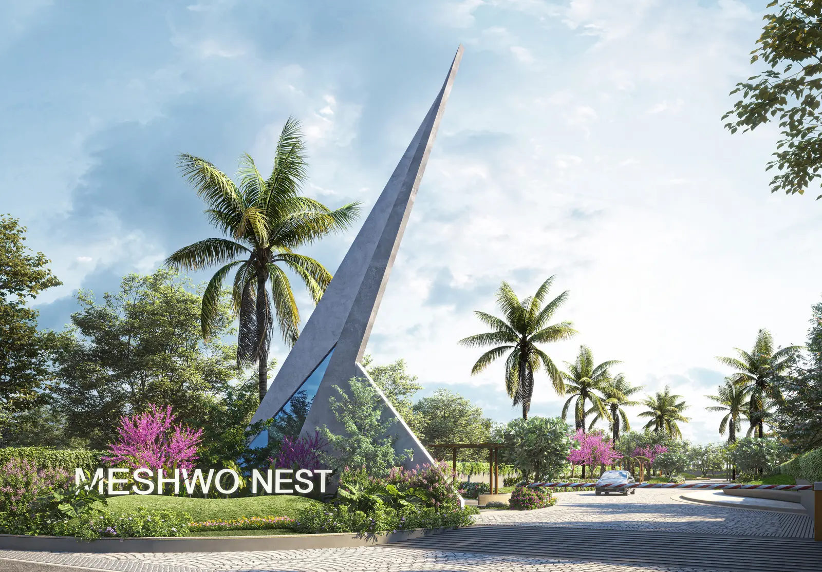Render of the Meshwo Nest entrance with a tall triangular sculptural gateway among palms