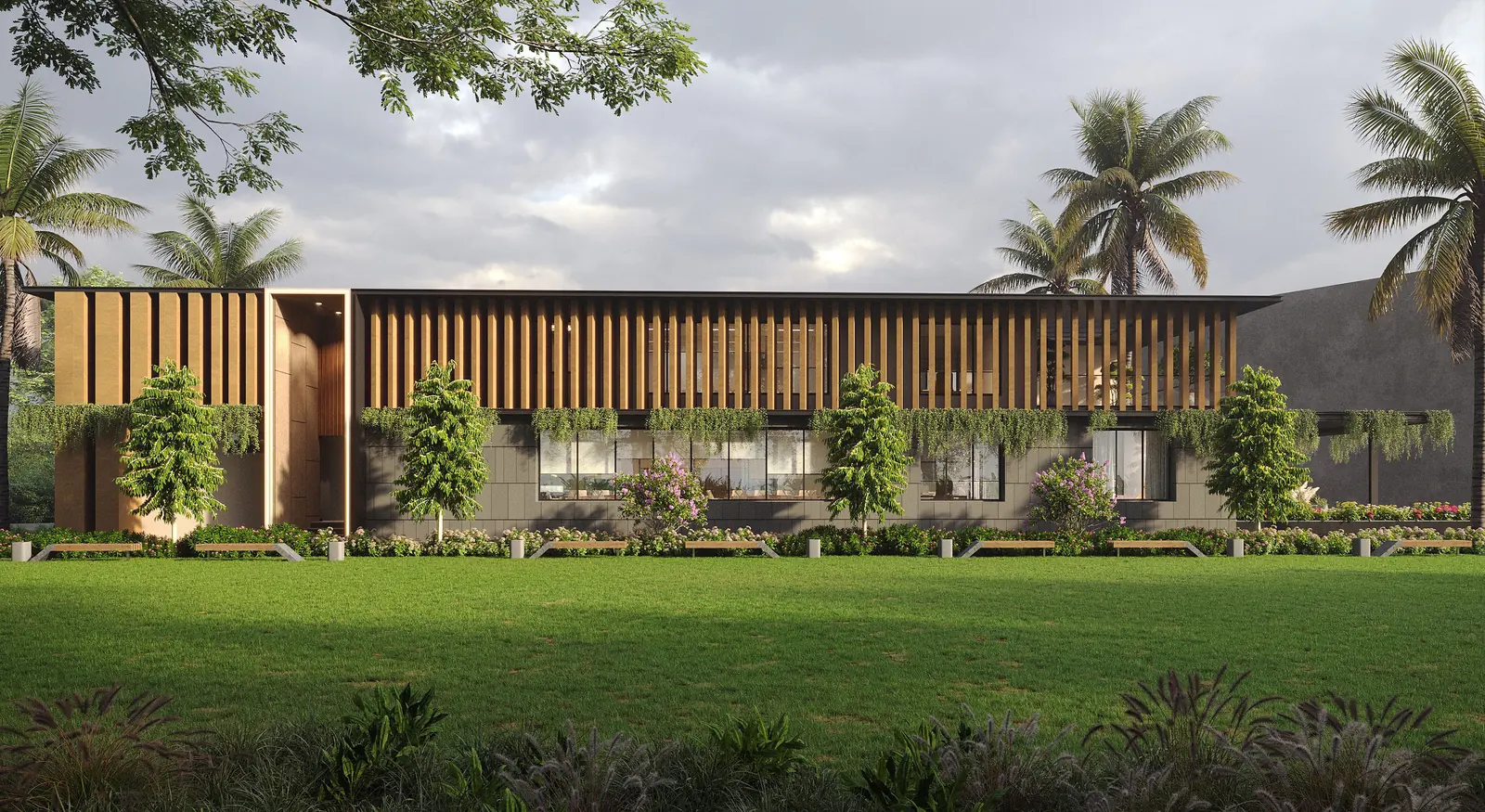 Render of Prince Patel Factory: a long low building with a timber-slatted facade behind a lawn