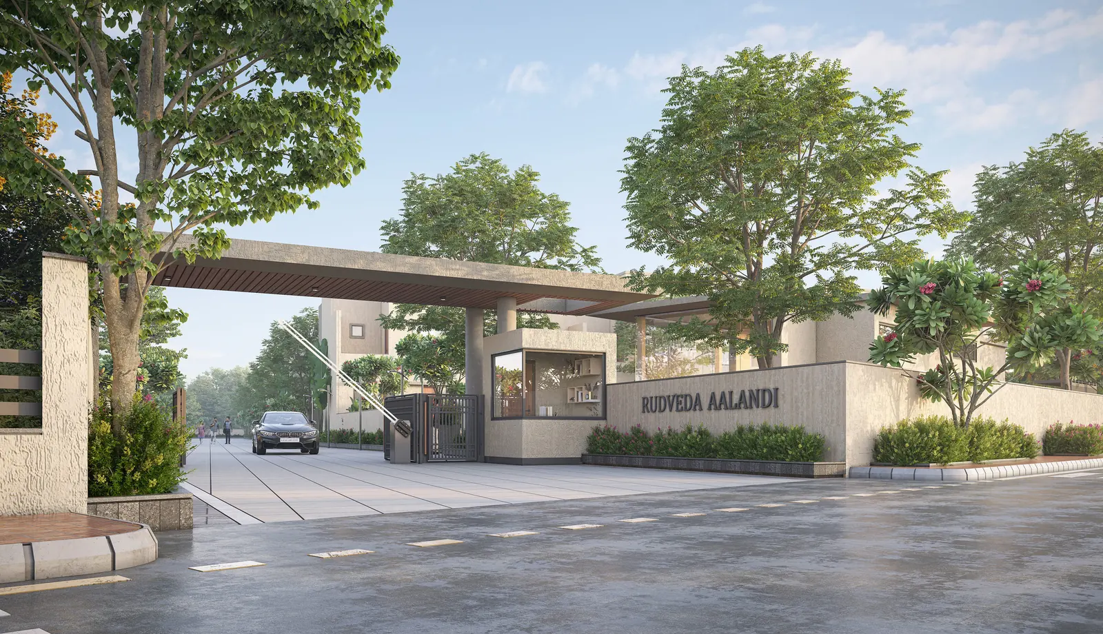 Render of the Rudveda Aalandi entrance: a long horizontal canopy over the gate and the project name on a stone wall, among trees