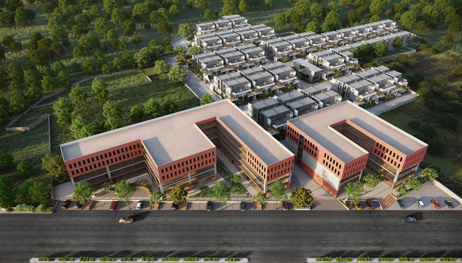 Aerial render of Sanvicasa 105: rows of villas behind a red-brick clubhouse