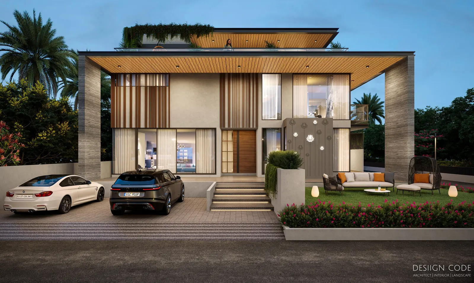 Dusk render of Shambhu Bhai Bungalow: a two-storey house with a deep cantilevered roof and timber fins