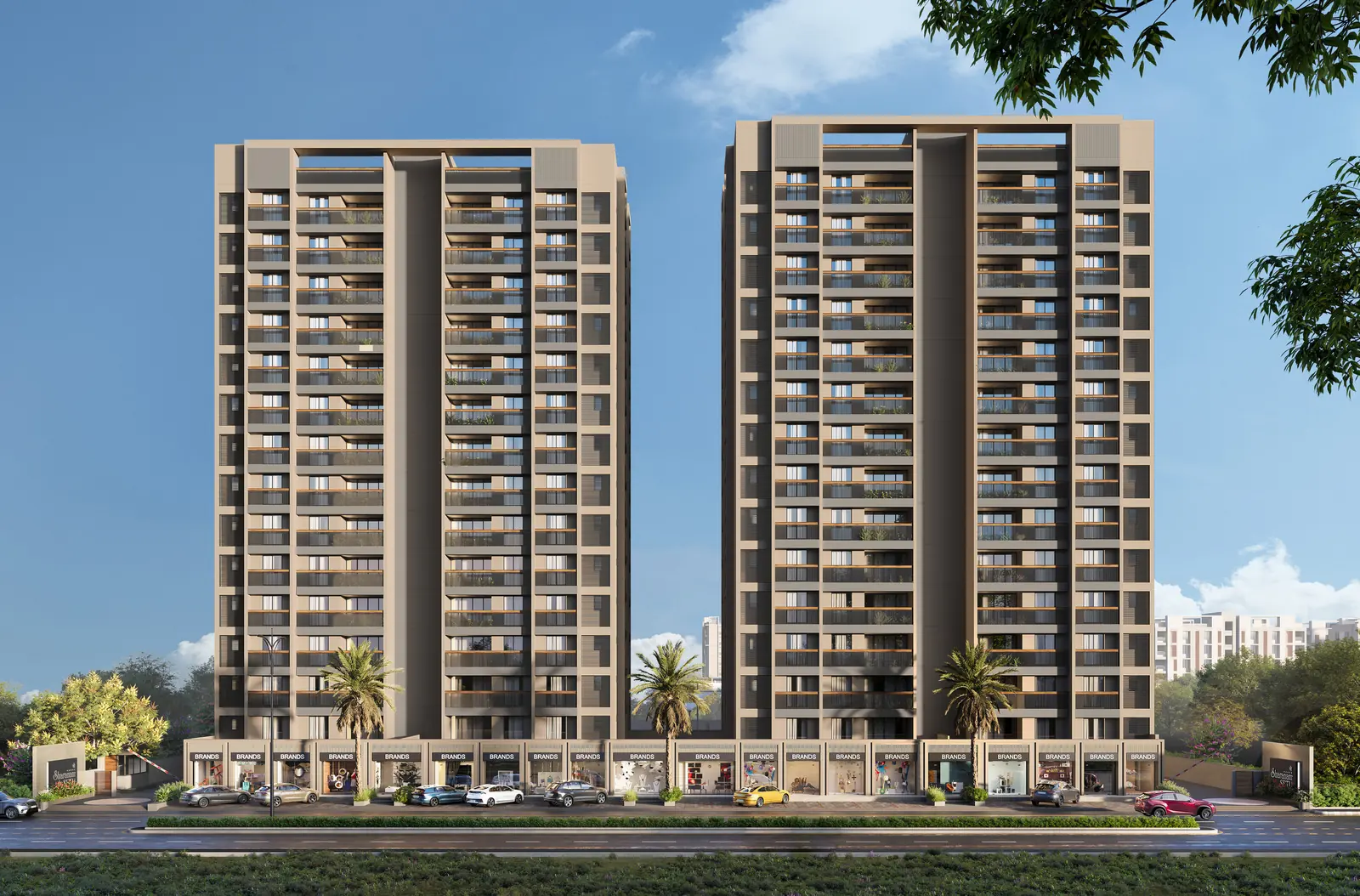 Render of Shree Sharanam Setu: two residential towers above a row of shops