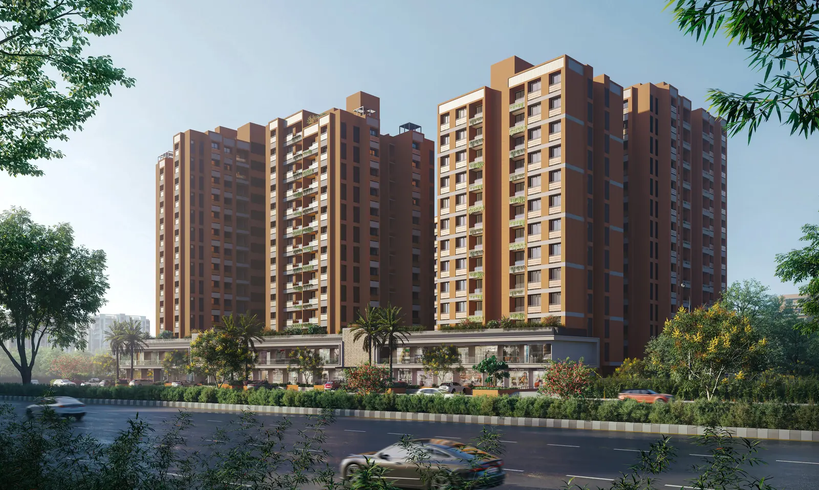 Render of the Shri Lalit Bhai residential complex: orange and brown towers above a podium of shops