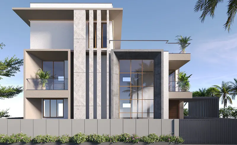 Render of Stish Bhai Bungalow: a three-storey house with stone cladding, vertical fins and a double-height glazed bay