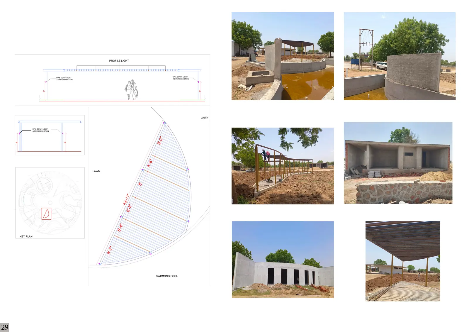 Meshwo Nest pool and pergola drawings alongside site photographs of construction
